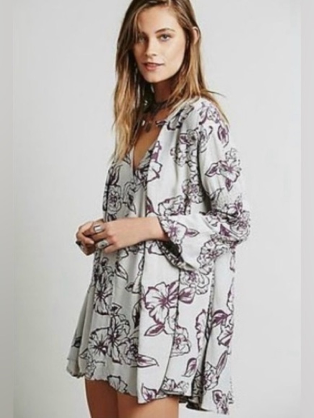 Free People | Snap Out Of It Floral Swing Dress Womens Size XS Gray Oversized b2